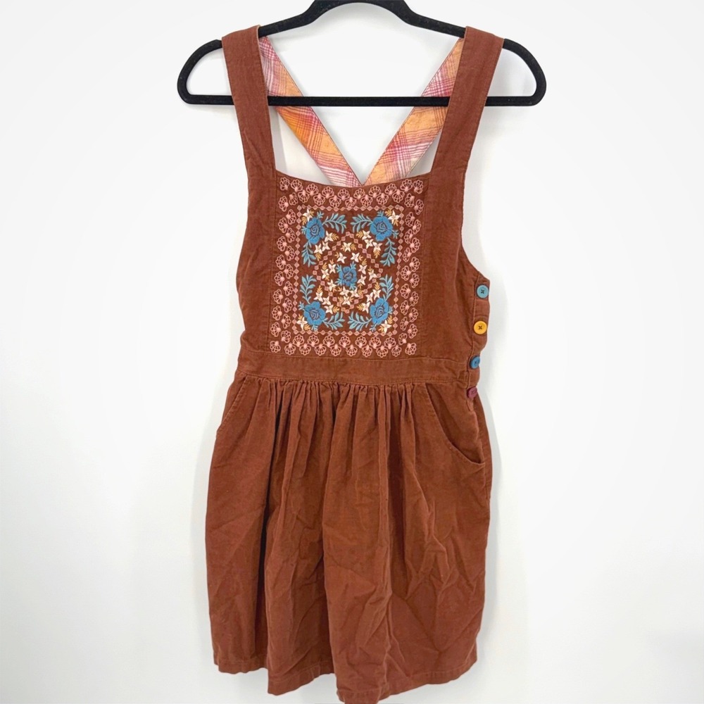 Matilda Jane Just Imagine Arya Jumper Cord Dress 14 Brown Embroidery Floral Boho